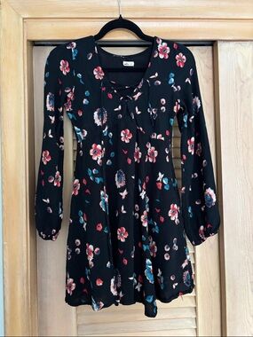 Hollister Black Long Sleeve Floral Dress with Red & Teal Accents